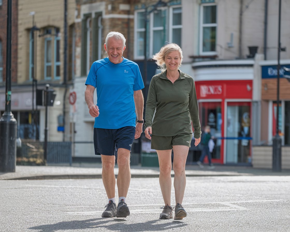 Older man and lady in walking shoes and shorts in Tilbury on a sunny day