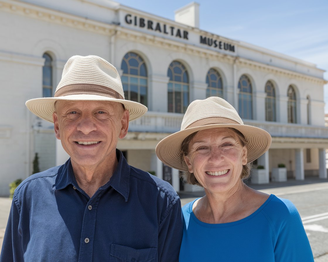 Older man and lady in walking shoes at Gibraltar Museum on a sunny day