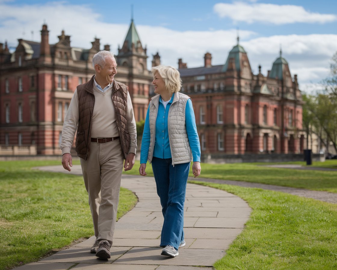 Older man and lady in walking shoes at Glasgow’s Museums and Galleries on a sunny day