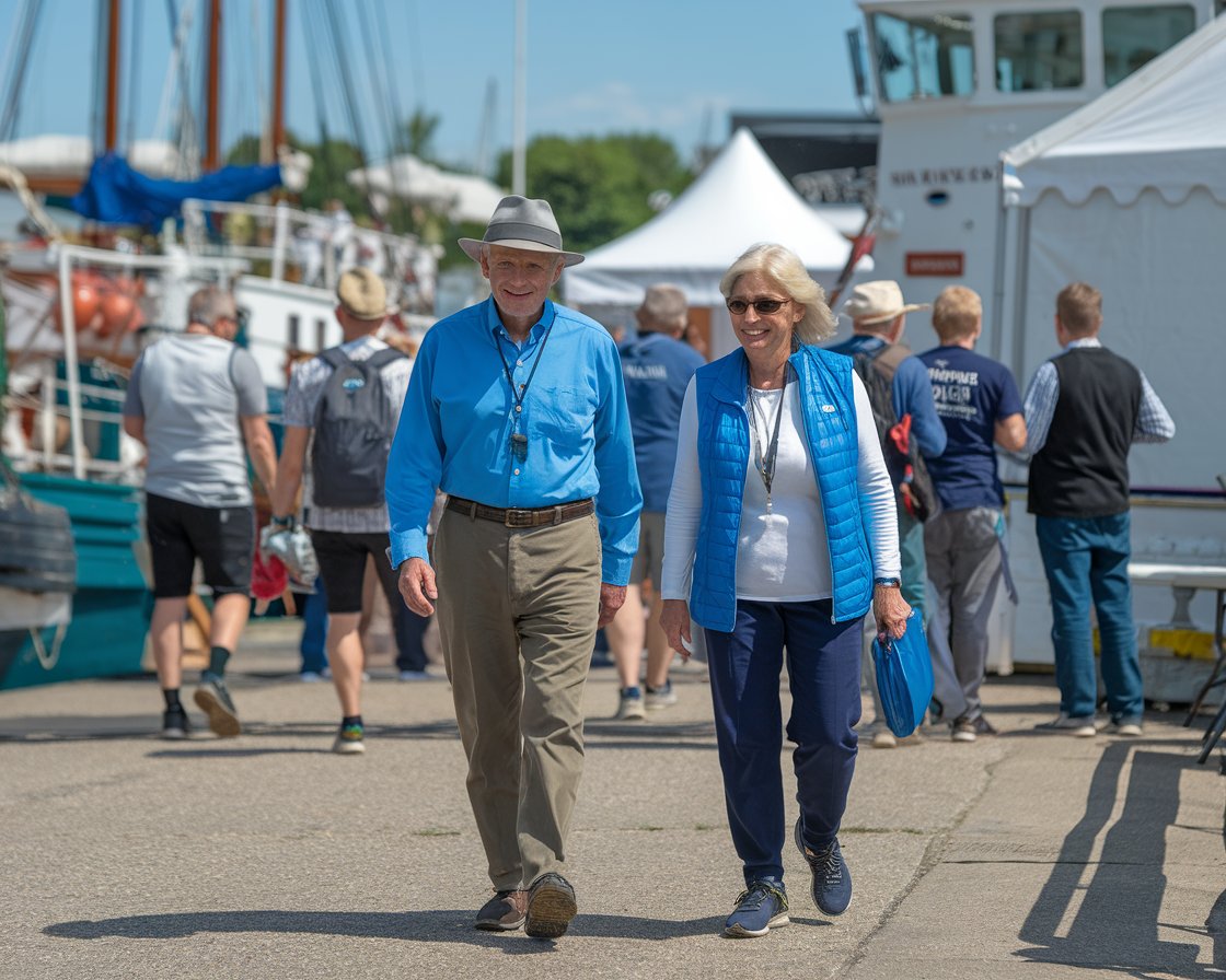 Older man and lady in walking shoes on Harwich Maritime Festival on a sunny day