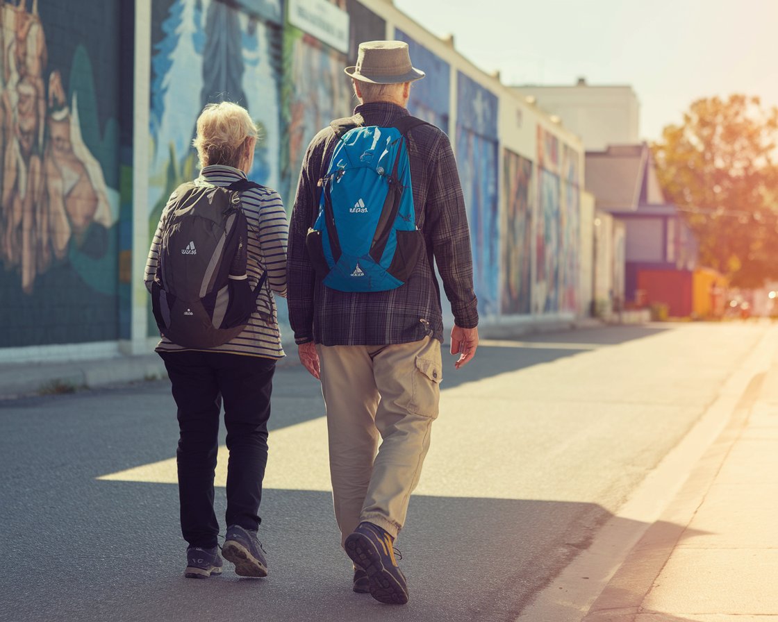 Older man and lady in walking shoes on Invergordon Mural Trail on a sunny day