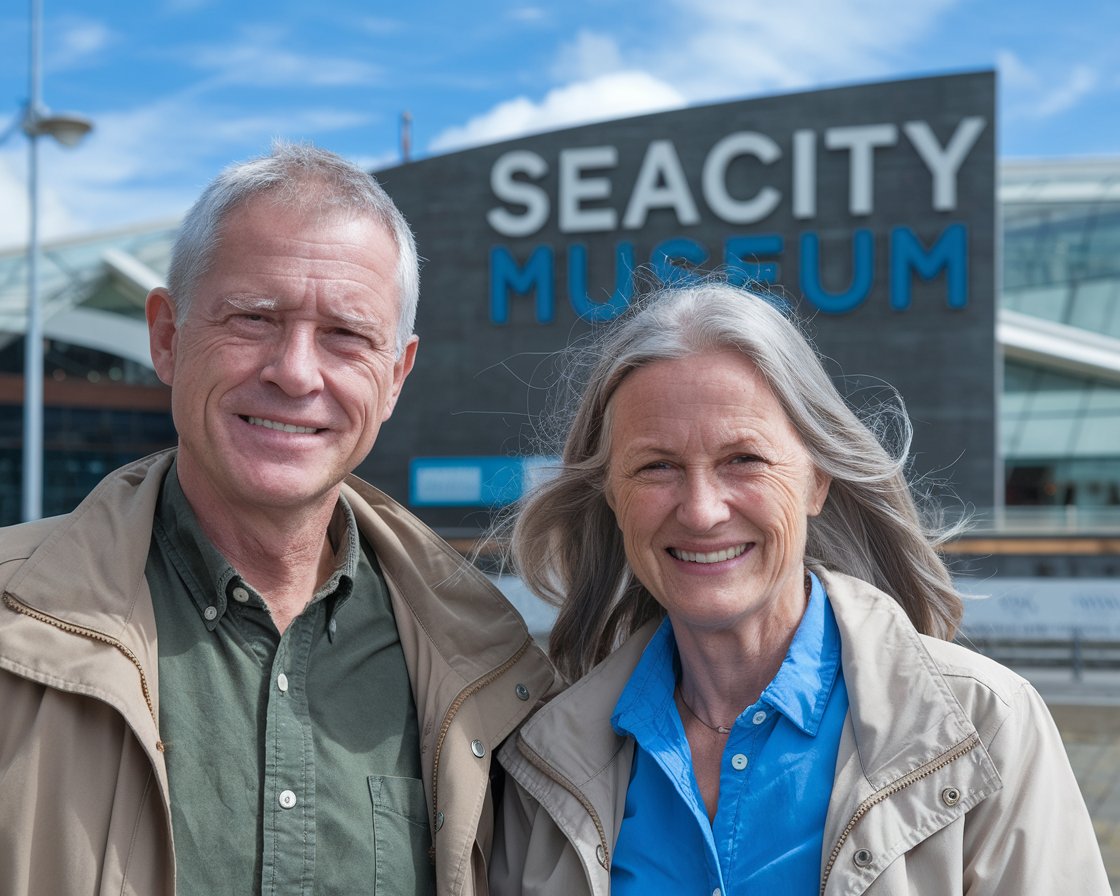 Older man and lady in walking shoes on SeaCity Museum on a sunny day