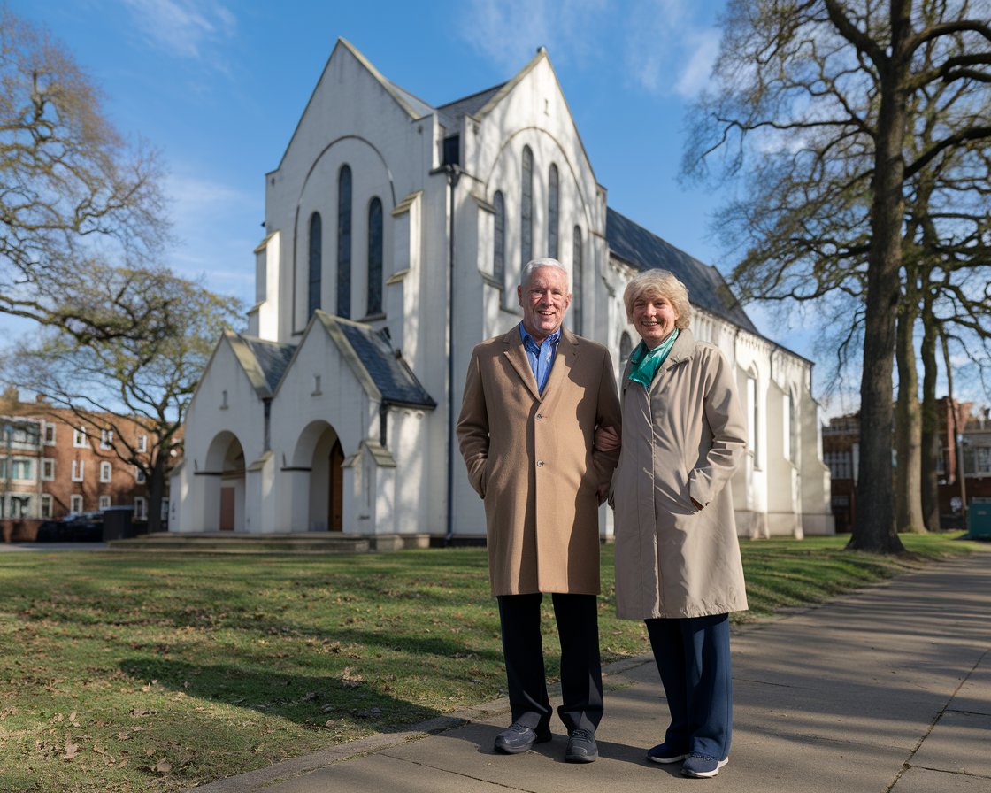 Older man and lady in walking shoes on St. Cybi's Church on a sunny day