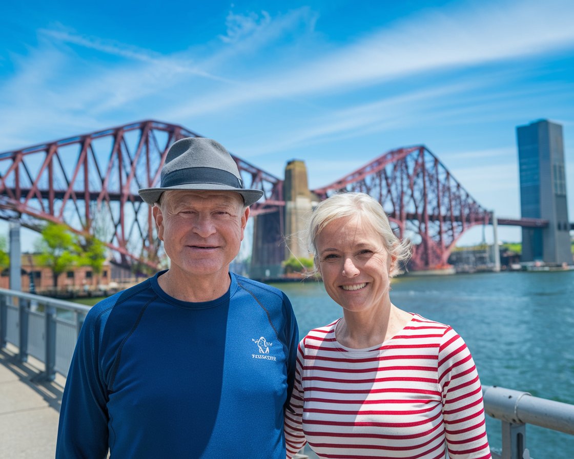 Older man and lady in walking shoes on The Forth Bridges on a sunny day