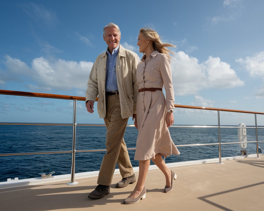 Older man and lady in walking shoes on The Royal Yacht Britannia on a sunny day