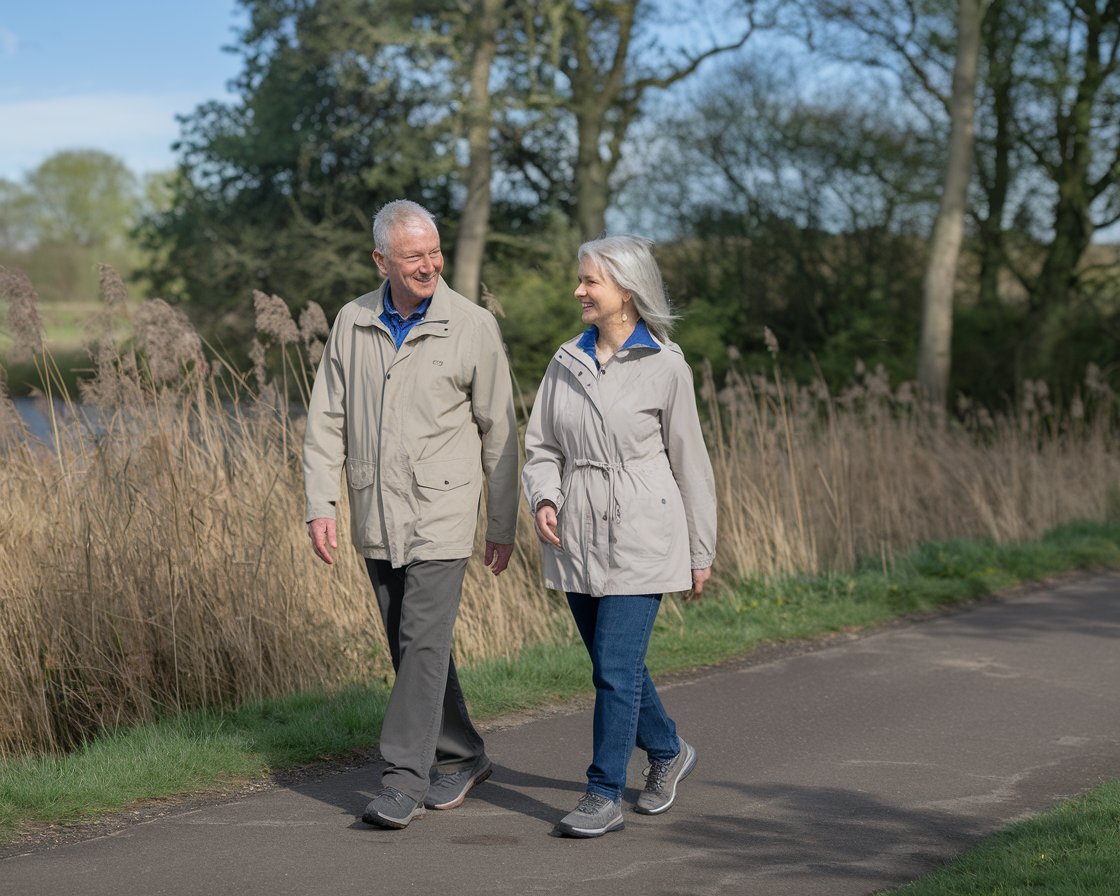 Older man and lady in walking shoes on Thurrock Thameside Nature Park on a sunny day