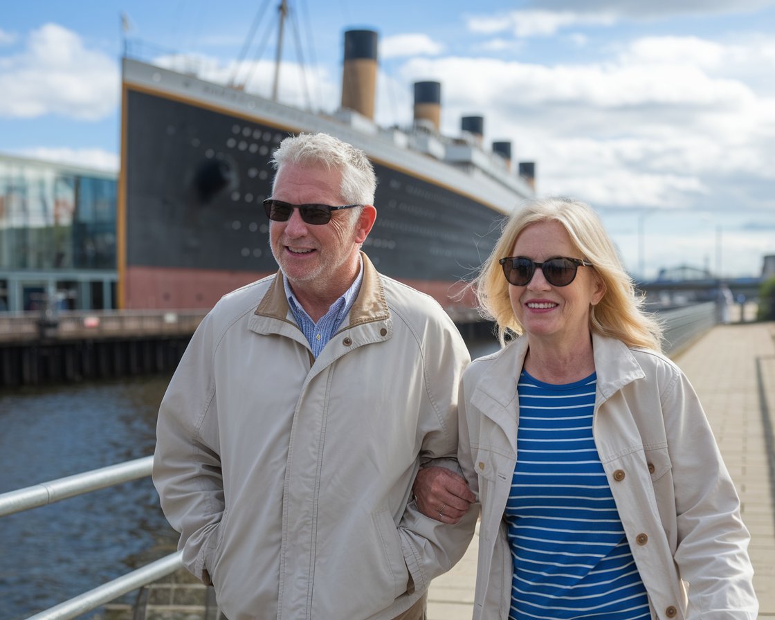 Older man and lady in walking shoes on Titanic Belfast on a sunny day