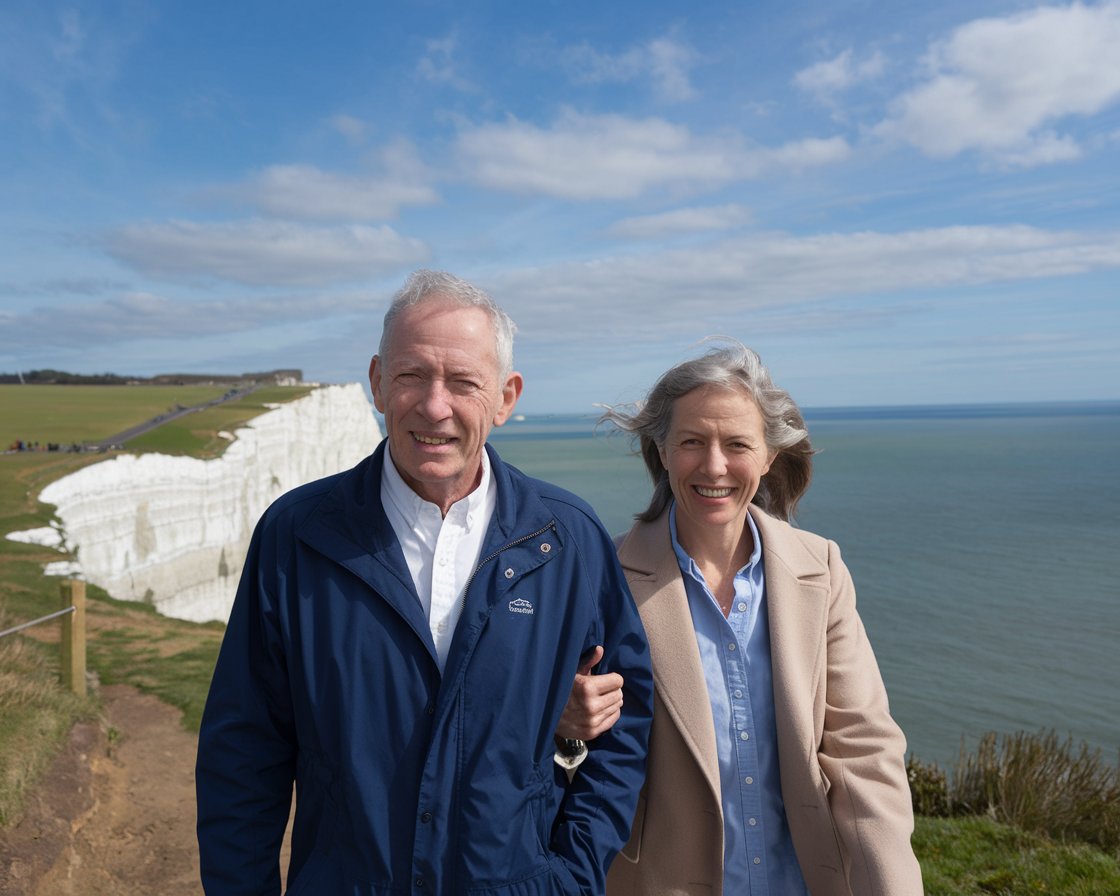 Older man and lady in walking shoes on White Cliffs of Dover on a sunny day