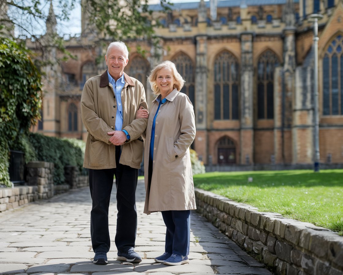 Older man and lady in walking shoes on a Hull Minster on a sunny day