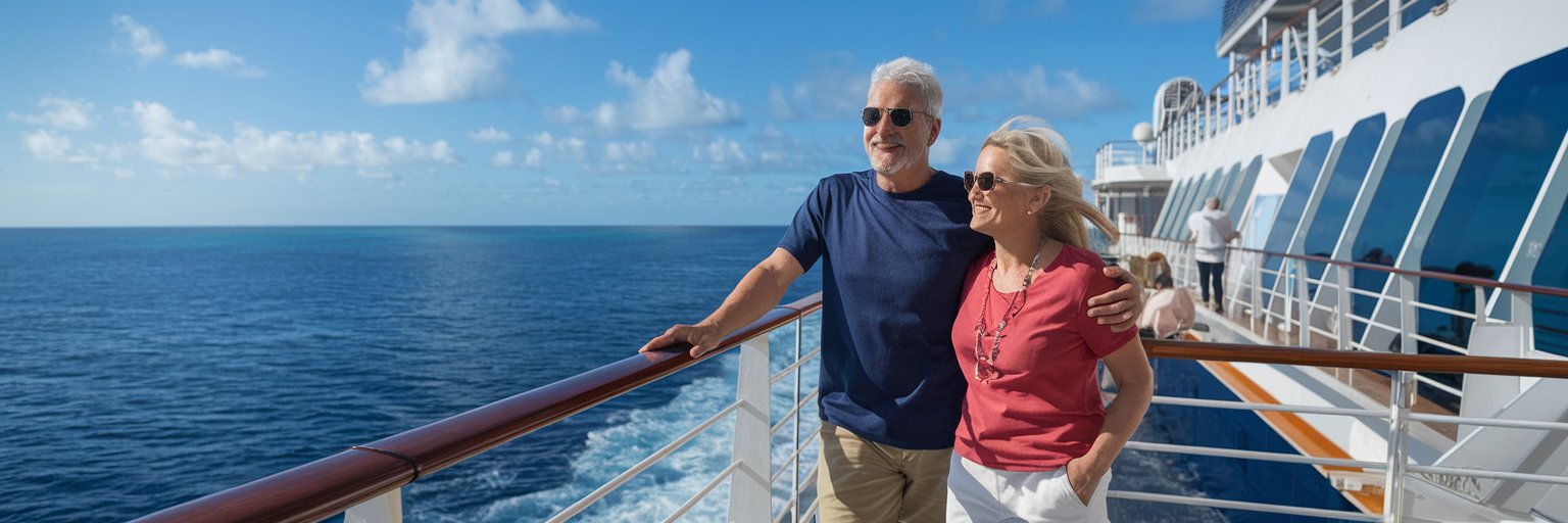 Older man and older lady in shorts on MSC Meraviglia cruise ship on a sunny day