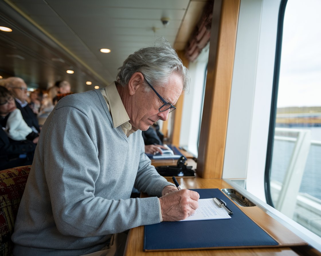 Older man casually dressed writing at a desk on a cruise ship at Port of Cromarty Firth (Invergordon)