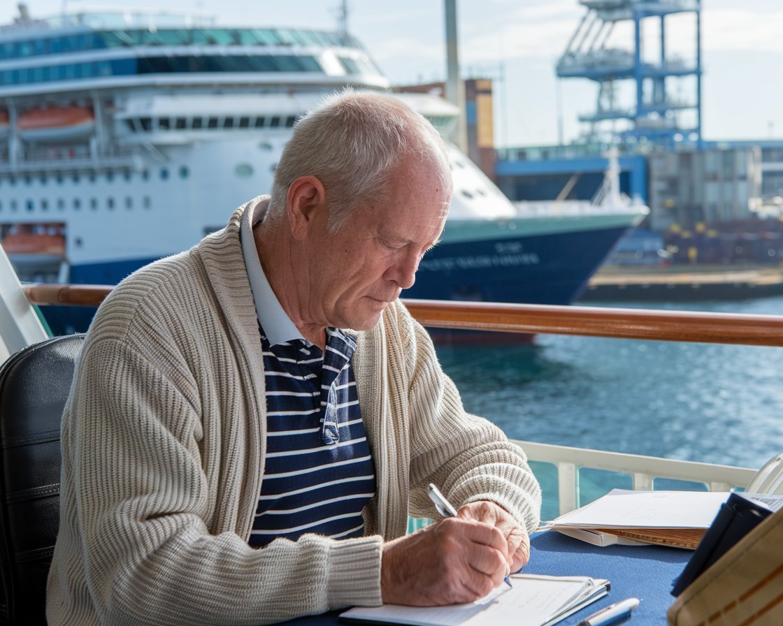 Older man casually dressed writing at a desk on a cruise ship at Port of Dover