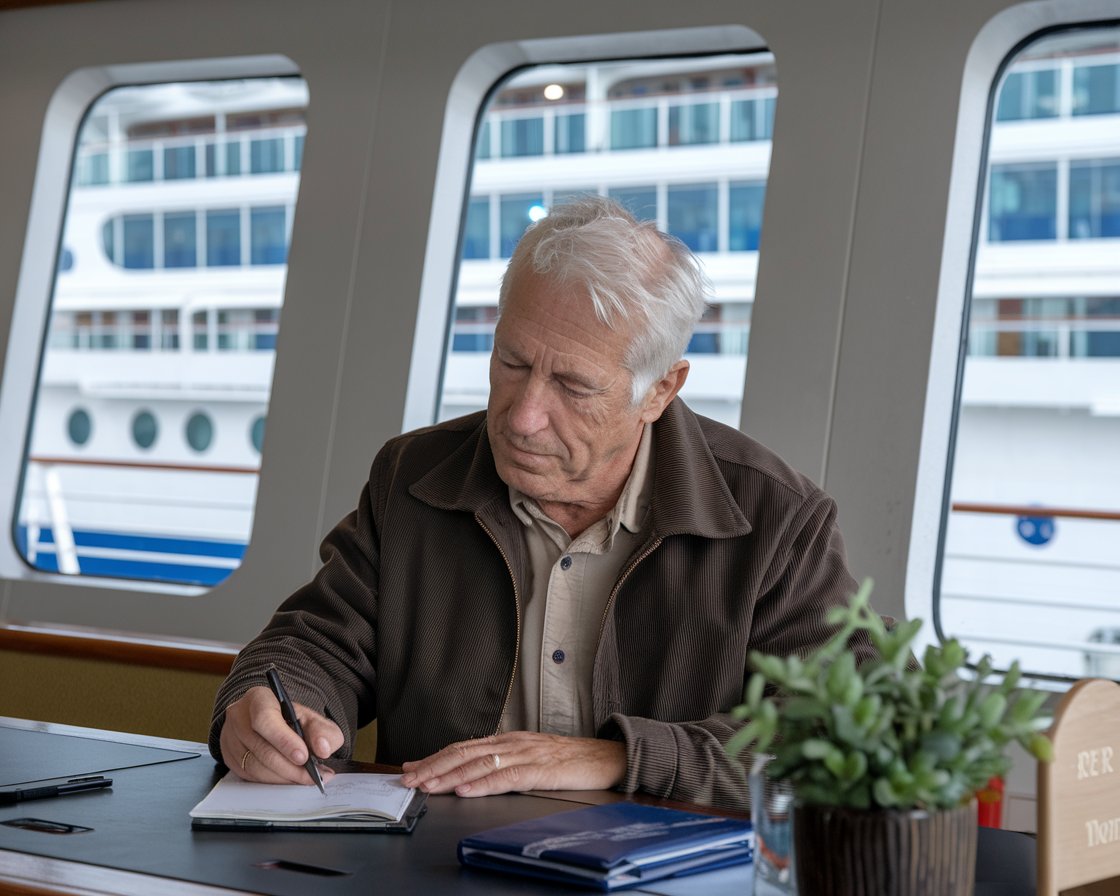 Older man casually dressed writing at a desk on a cruise ship at Port of Hull