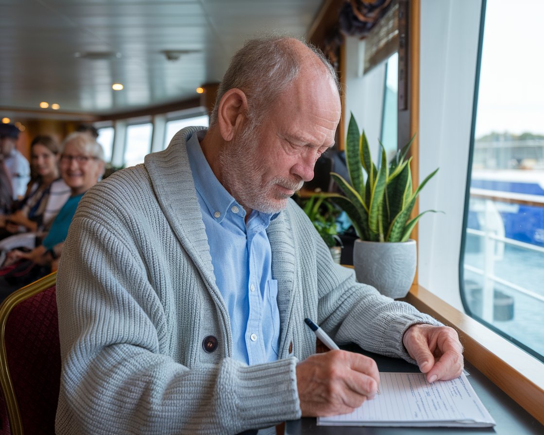 Older man casually dressed writing at a desk on a cruise ship at Port of Tilbury (London)