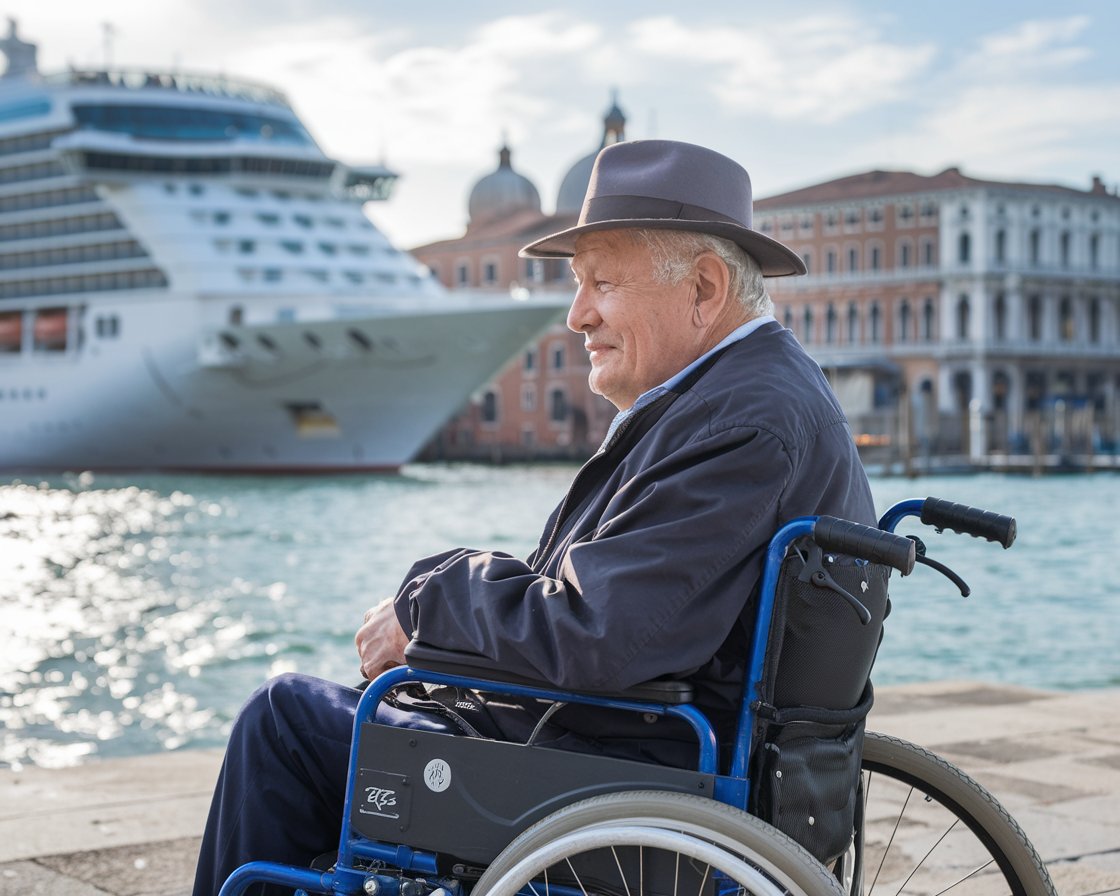 Older man in a wheelchair with a cruise ship in the background in venice.