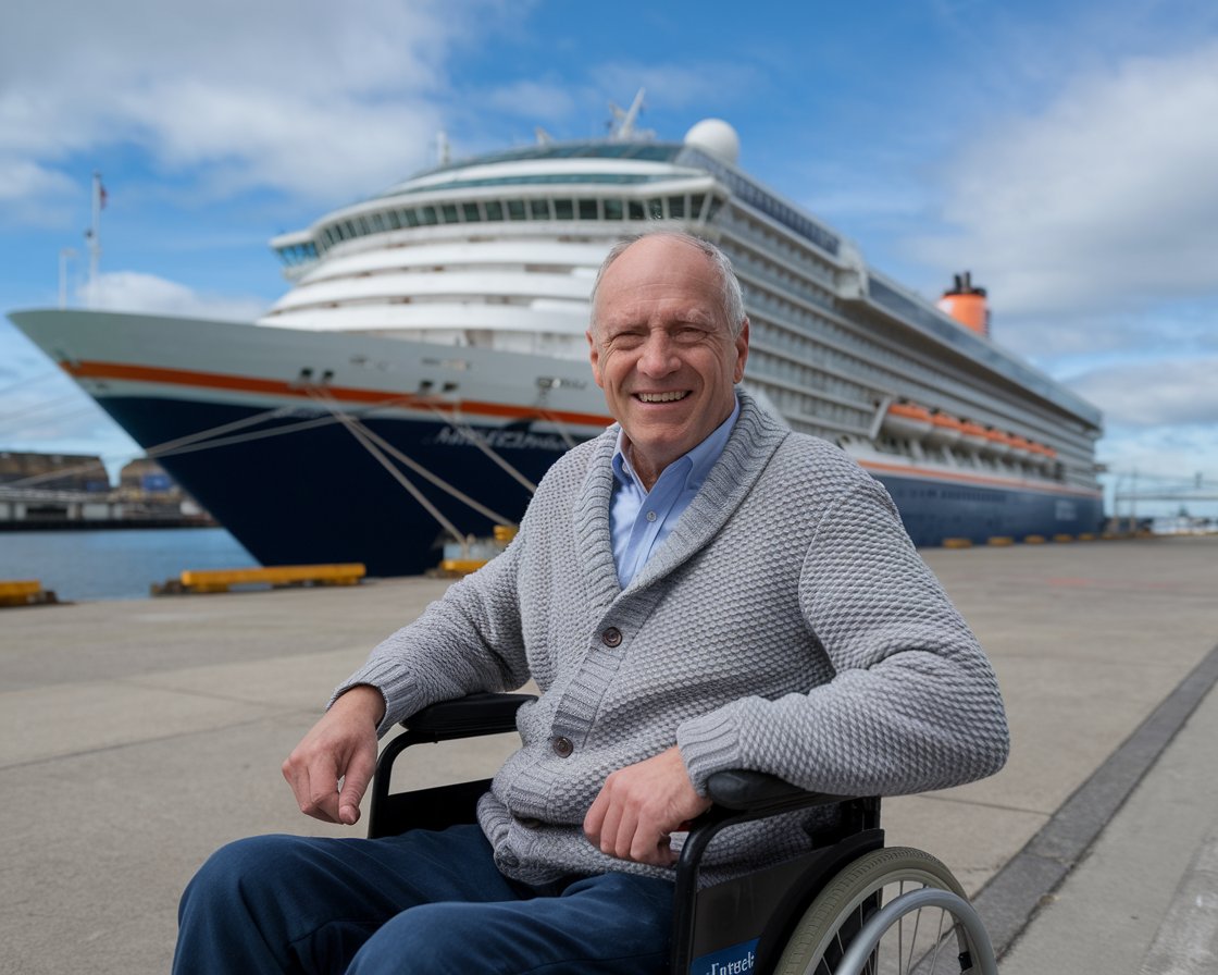 Older man in a wheelchair with a cruise ship in the background on a sunny day at Greenock Ocean Terminal Port