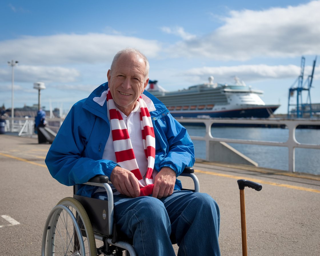 Older man in a wheelchair with a cruise ship in the background on a sunny day at Harwich International Port