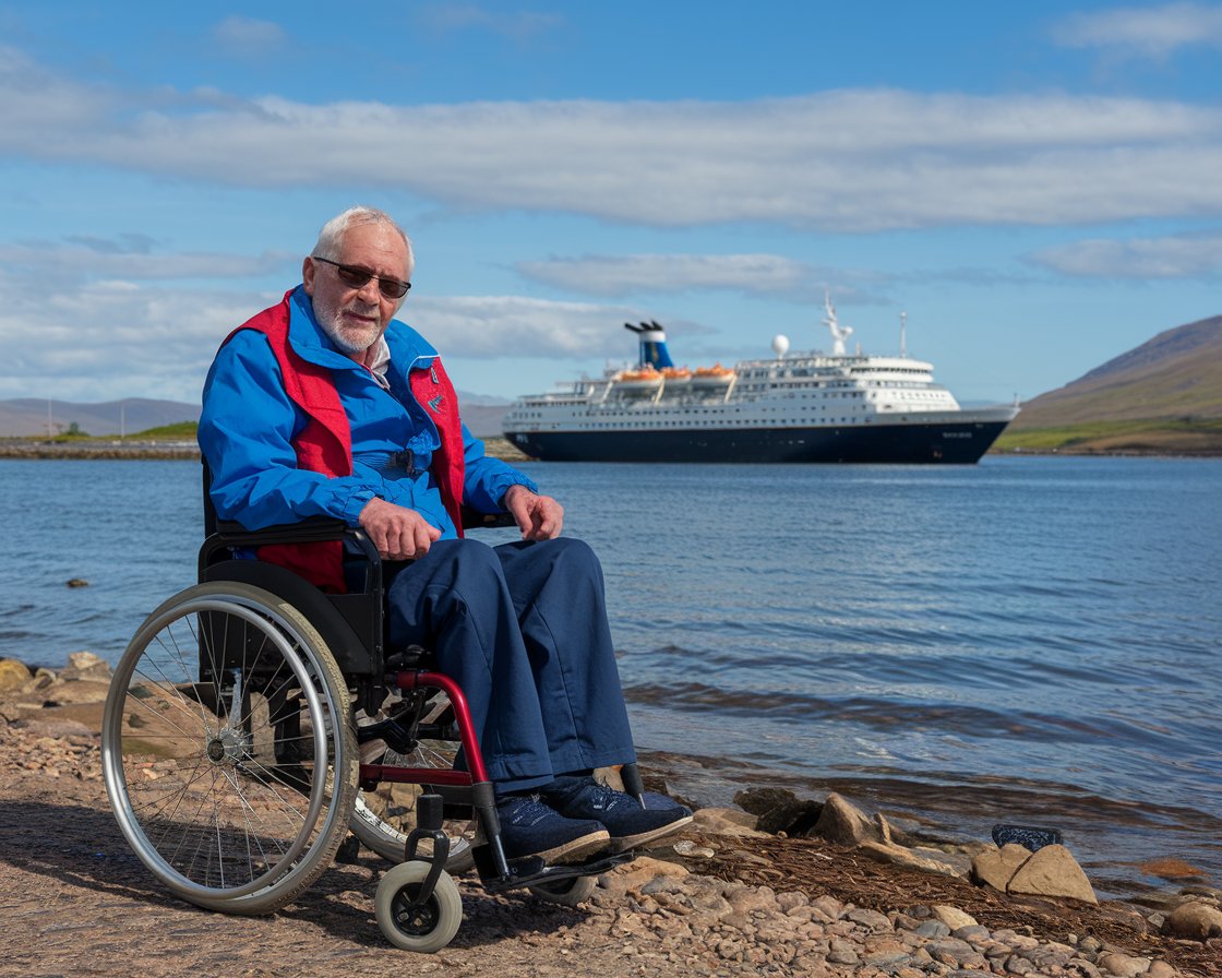 Older man in a wheelchair with a cruise ship in the background on a sunny day at Holyhead Port