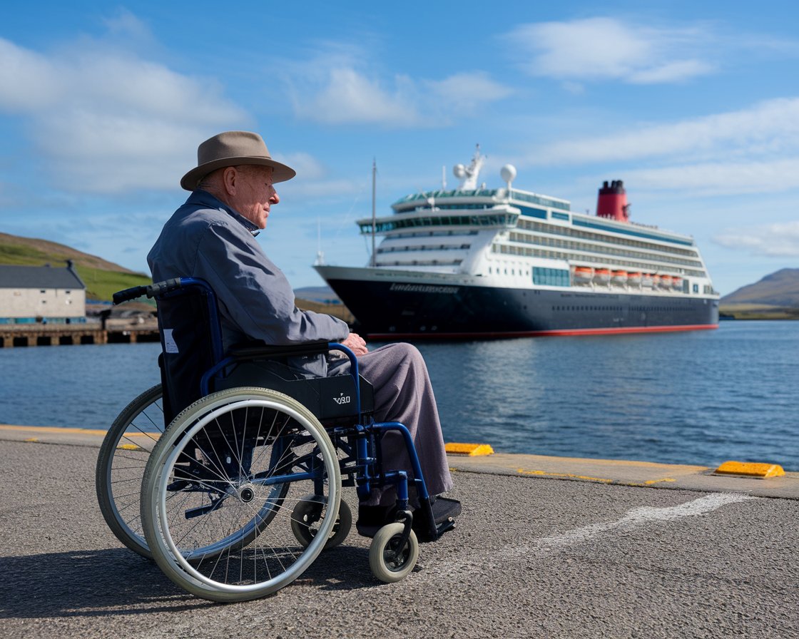 Older man in a wheelchair with a cruise ship in the background on a sunny day at Port of Cromarty Firth (Invergordon)