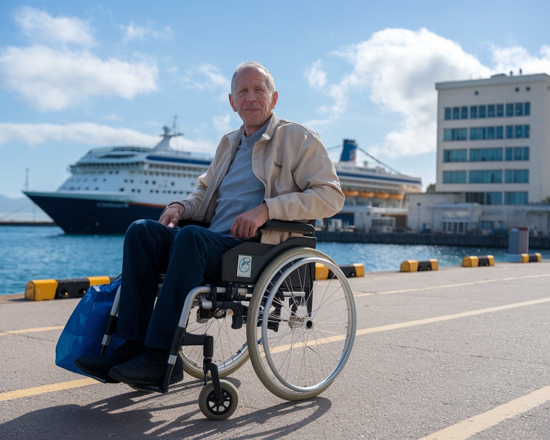 Older man in a wheelchair with a cruise ship in the background on a sunny day at Port of Gibraltar