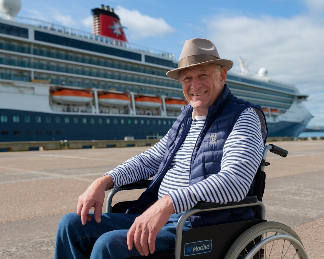 Older man in a wheelchair with a cruise ship in the background on a sunny day at Port of Leith