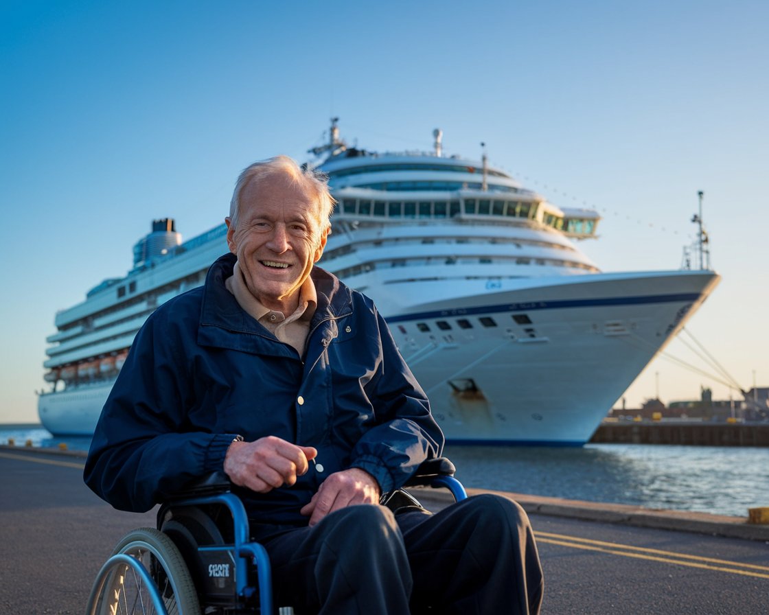 Older man in a wheelchair with a cruise ship in the background on a sunny day at Rosyth Port