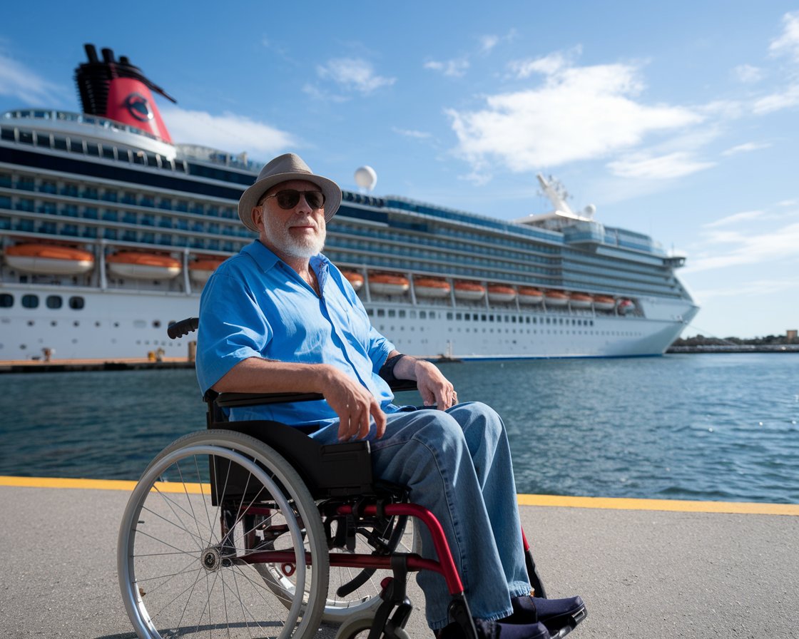 Older man in a wheelchair with a cruise ship in the background on a sunny day