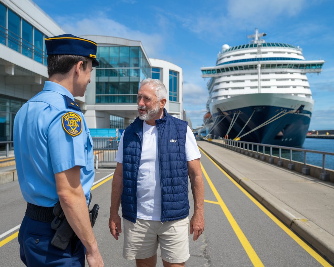 Older man in shorts talking to a customs officer with a cruise ship in the background on a sunny day at Dover port