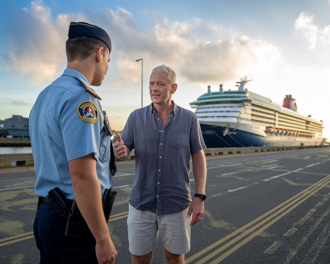 Older man in shorts talking to a customs officer with a cruise ship in the background on a sunny day at Greenock Ocean Terminal Port