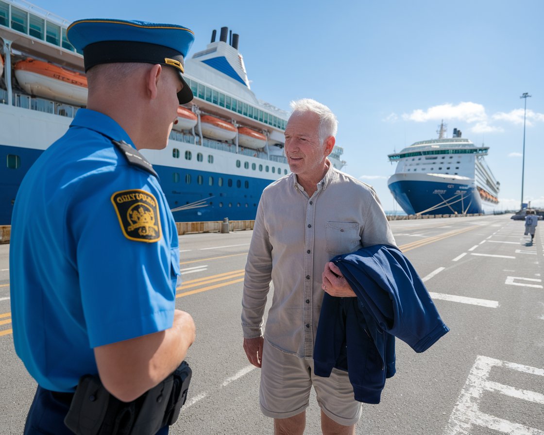 Older man in shorts talking to a customs officer with a cruise ship in the background on a sunny day at Harwich International Port