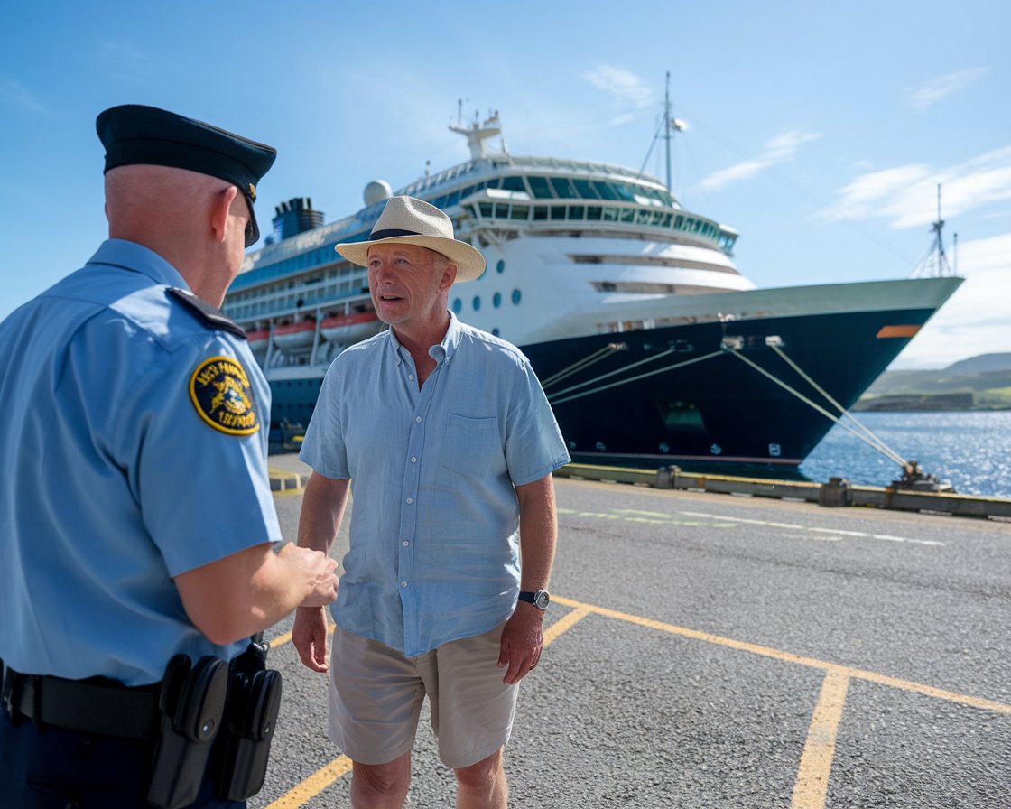 Older man in shorts talking to a customs officer with a cruise ship in the background on a sunny day at Port of Cromarty Firth (Invergordon)