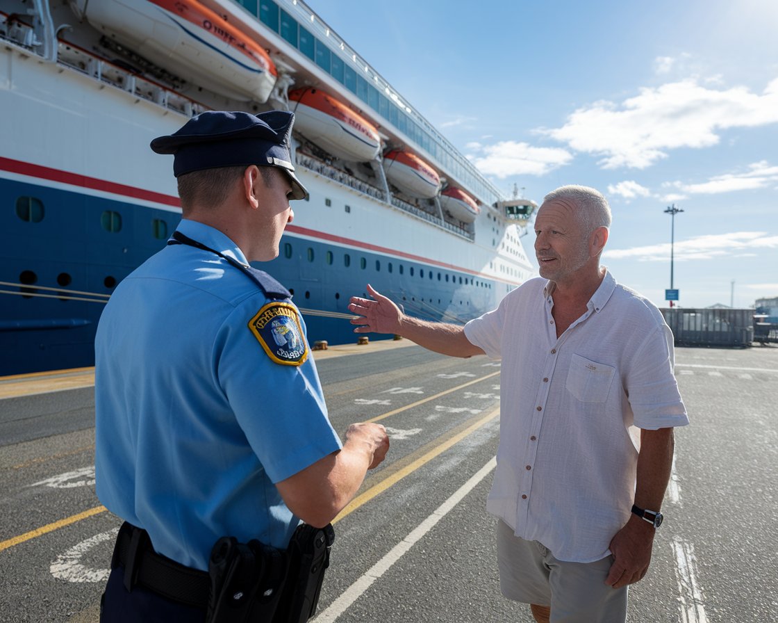 Older man in shorts talking to a customs officer with a cruise ship in the background on a sunny day at Port of Hull