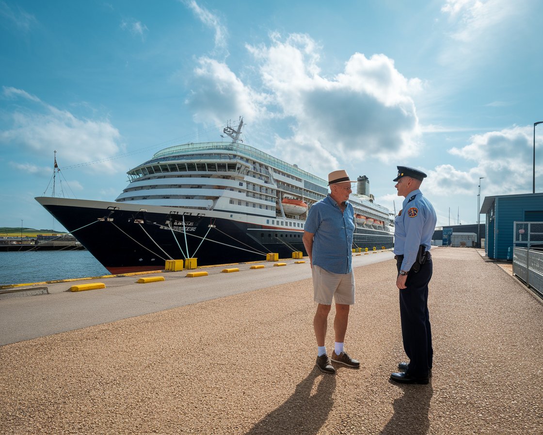 Older man in shorts talking to a customs officer with a cruise ship in the background on a sunny day at Port of Leith