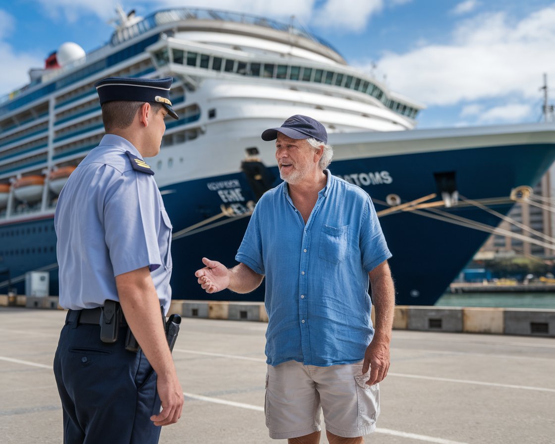 Older man in shorts talking to a customs officer with a cruise ship in the background on a sunny day at Port of Tilbury (London)