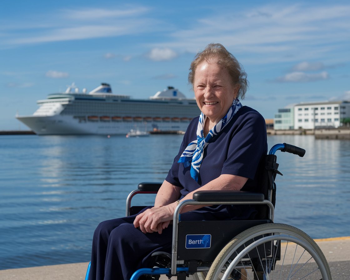 Older woman in a wheelchair with a cruise ship in the background on a sunny day at Port of Hull