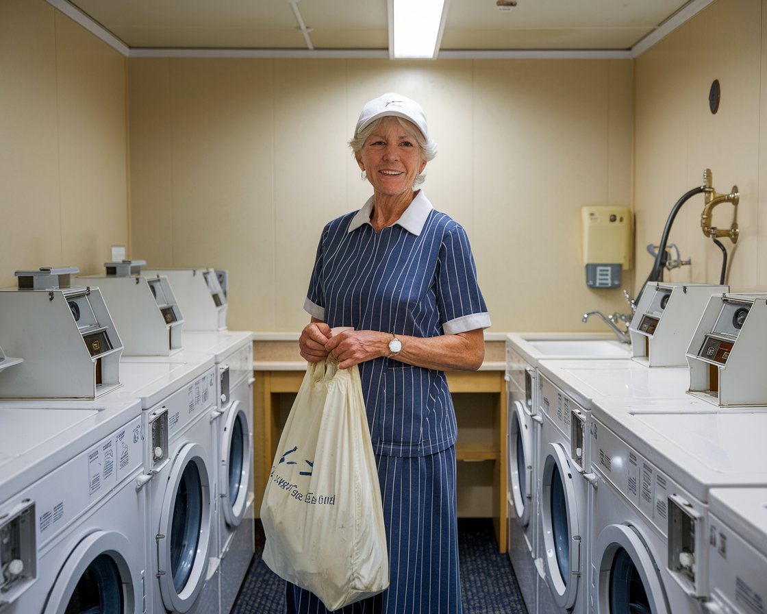 Older woman in the laundry room on a cruise ship