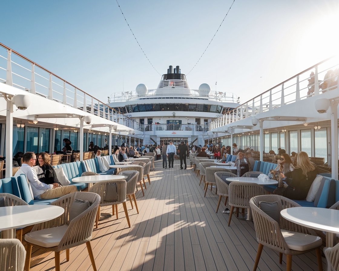 Open deck with restaurant seating either side on Norwegian Breakaway cruise ship