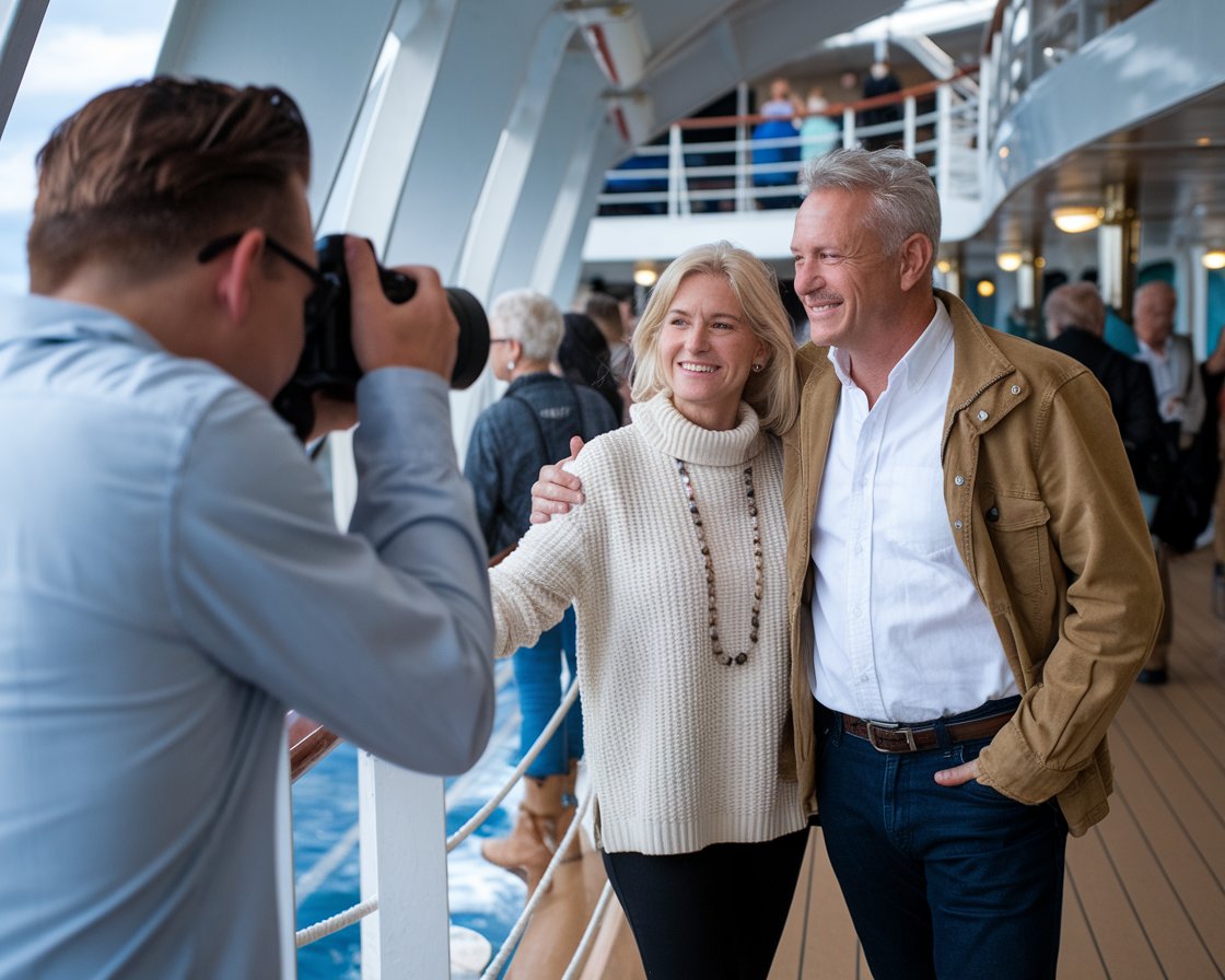 Photographer taking a photo of a mid aged couple on Norwegian Epic cruise ship