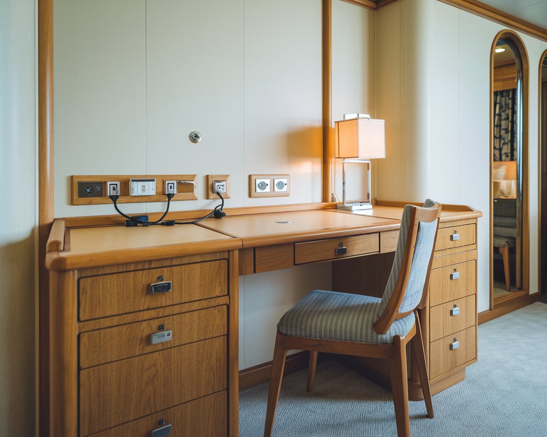 Power outlets at the desk in cruise ship cabin