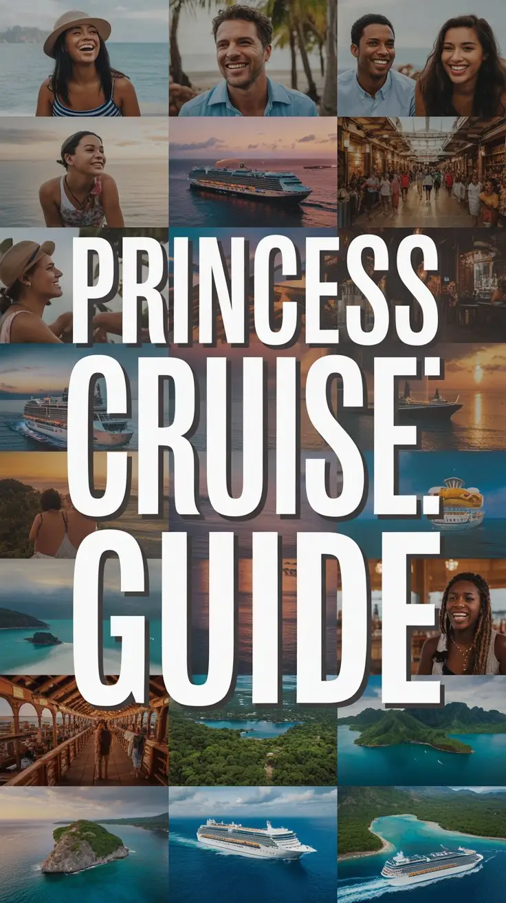 A vibrant lifestyle advertisement for Princess Cruises showcasing a diverse group of smiling individuals enjoying various exotic destinations, excluding any direct images of cruise ships. The collage of images features stunning landscapes like turquoise beaches, lush rainforests, and bustling marketplaces, captured with warm, inviting natural light and a shallow depth of field to create a sense of immersion. Dominating the top center is a large, bold white box containing the text "Princess Cruises: Cruise Line Guide" in a thick, modern sans-serif typeface, ensuring immediate attention and a clean, sophisticated aesthetic that conveys luxury and adventure. The overall mood is joyful and aspirational, inviting viewers to explore the world with Princess Cruises and evoking a sense of unforgettable experiences.