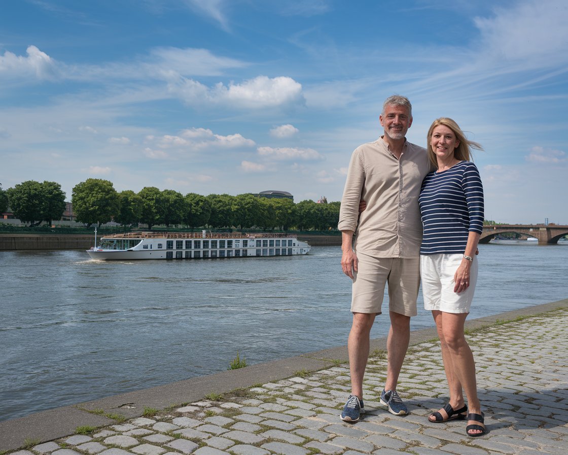 Rhine River. river cruise ship in the background