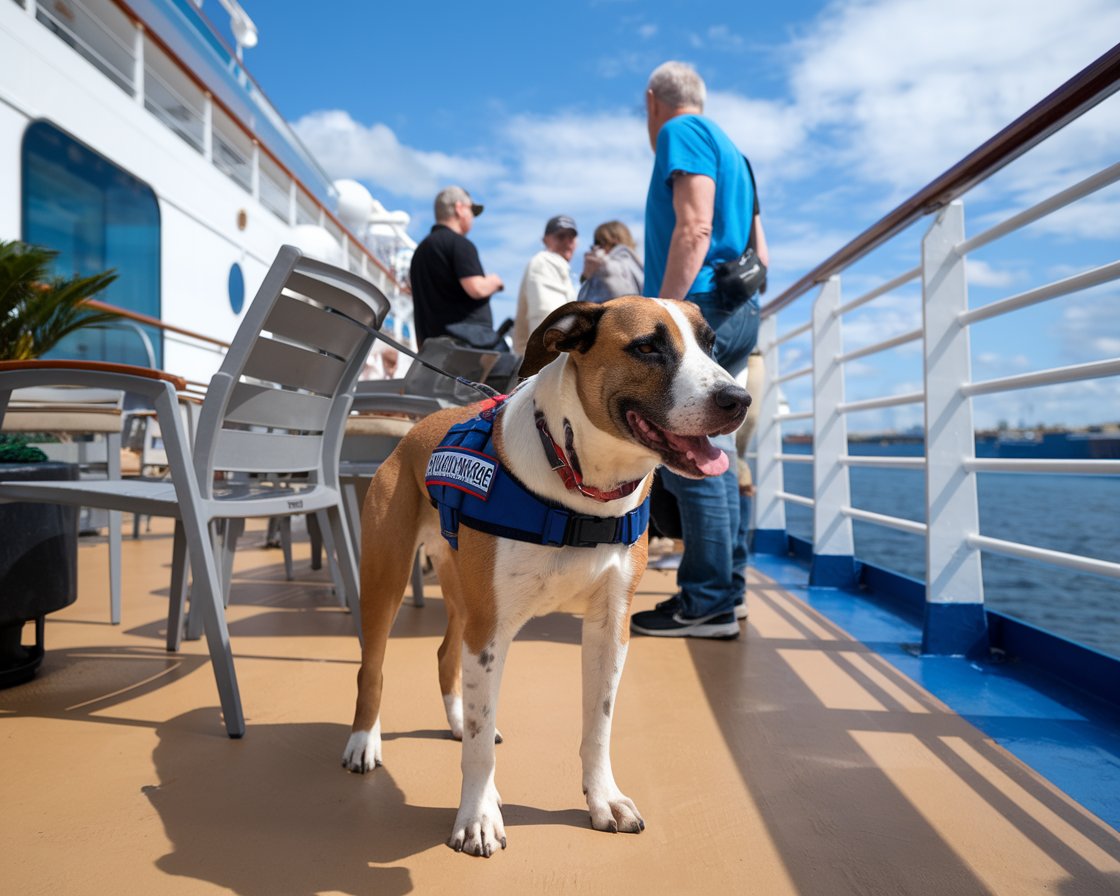 Service Dog with owner on Norwegian Breakaway cruise ship. Sunny Day