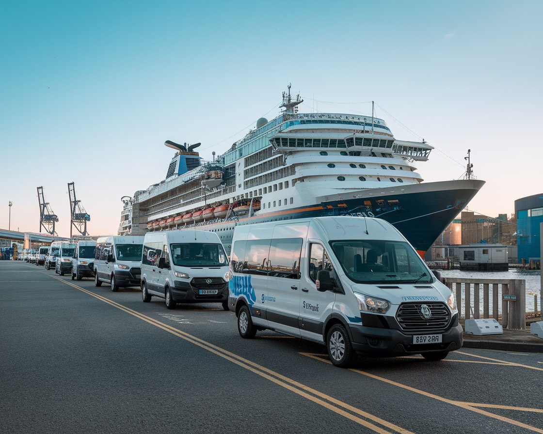 Shuttle Services at Port of Leith with a cruise ship in the background on a sunny day