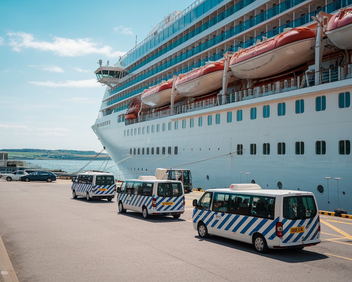 Shuttle services at Port of Tilbury (London) with a cruise ship in the background on a sunny day