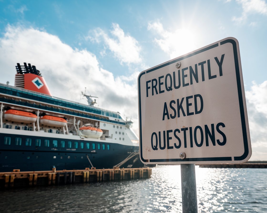 Sign “Frequently Asked Questions” with a cruise ship in the background on a sunny day at Belfast Harbour Port