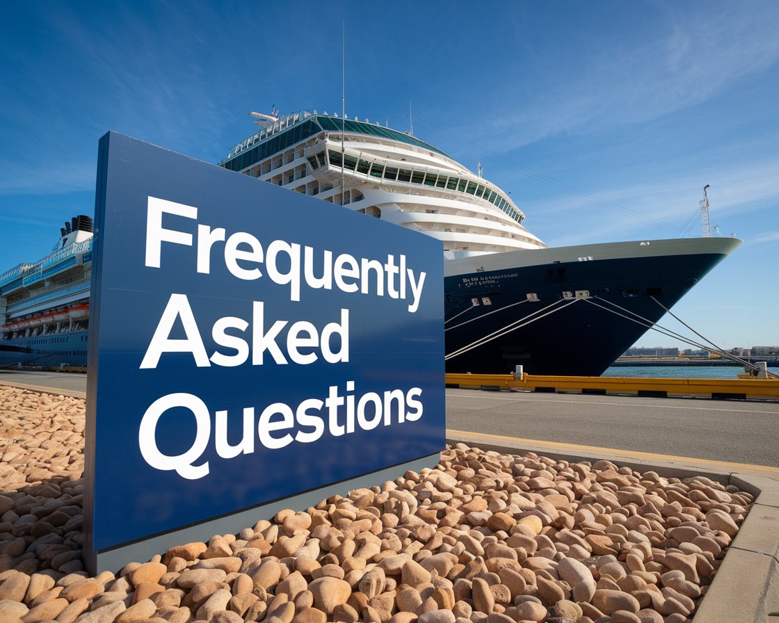 Sign “Frequently Asked Questions” with a cruise ship in the background on a sunny day at Gibraltar Port