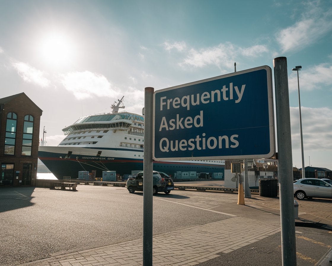 Sign “Frequently Asked Questions” with a cruise ship in the background on a sunny day at Greenock Ocean Terminal Port