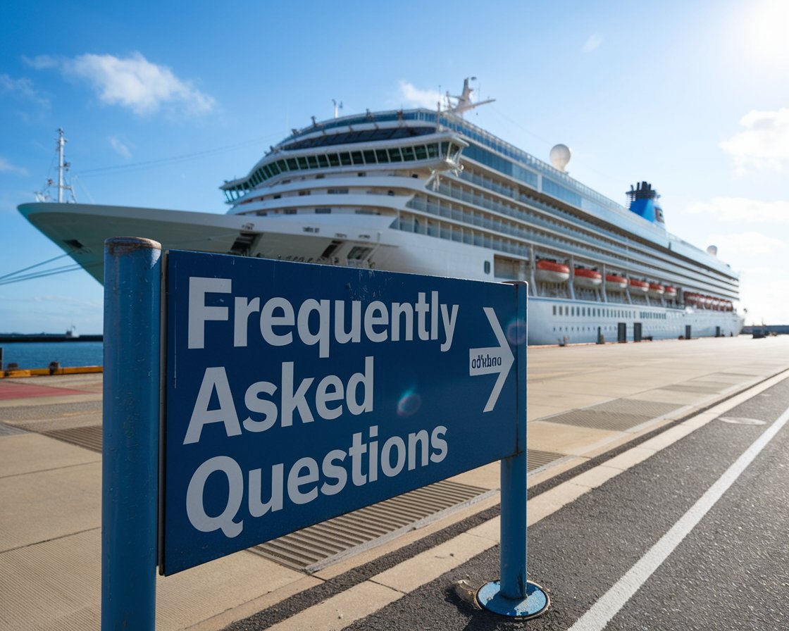 Sign “Frequently Asked Questions” with a cruise ship in the background on a sunny day at Harwich International Port