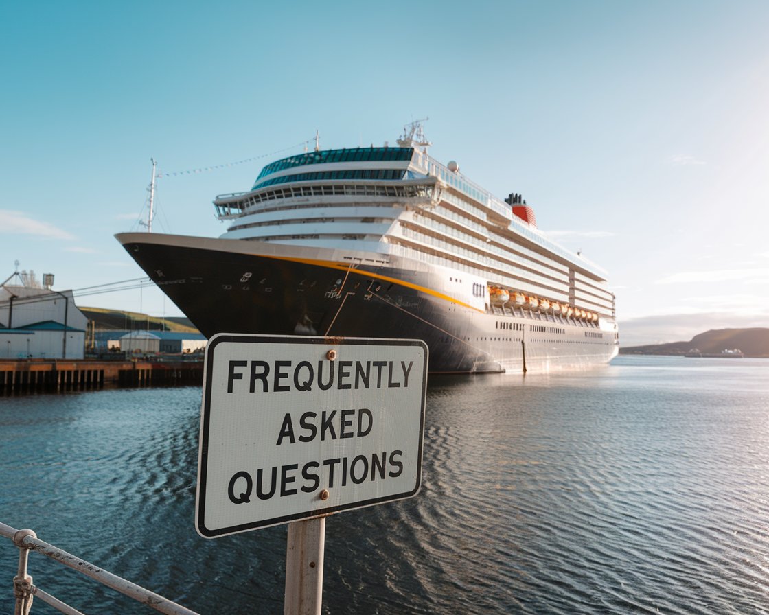 Sign “Frequently Asked Questions” with a cruise ship in the background on a sunny day at Holyhead Port