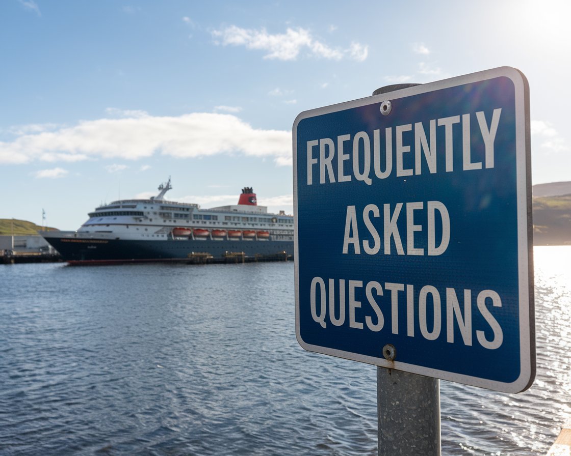 Sign “Frequently Asked Questions” with a cruise ship in the background on a sunny day at Port of Cromarty Firth (Invergordon)